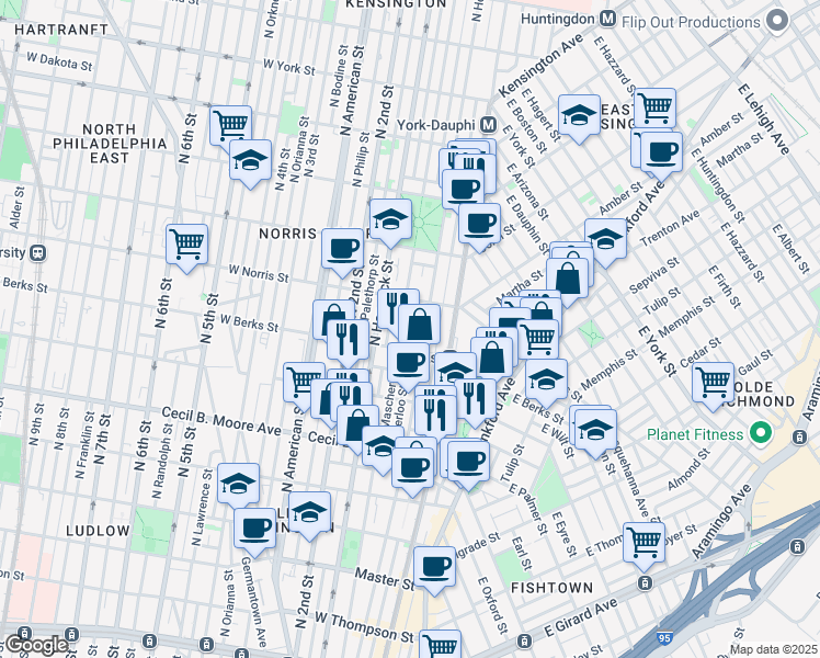 map of restaurants, bars, coffee shops, grocery stores, and more near 1930 Waterloo Street in Philadelphia