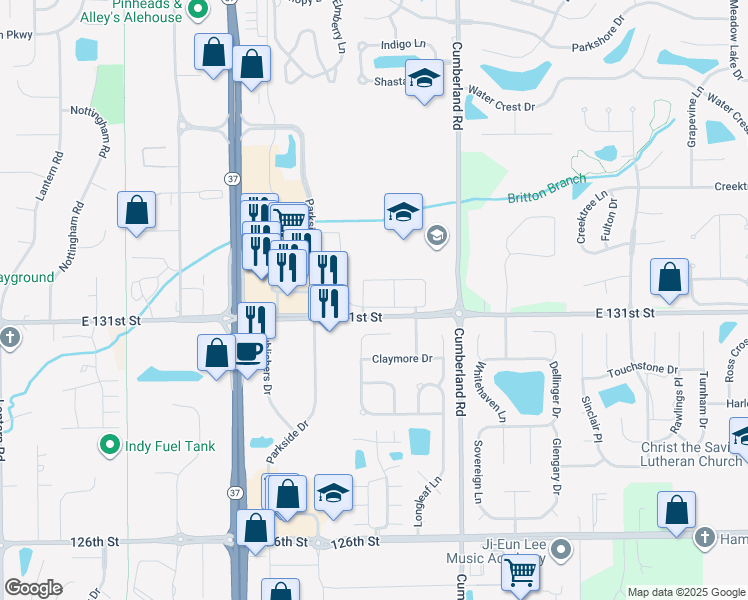 map of restaurants, bars, coffee shops, grocery stores, and more near 9656 Ambleside Drive in Fishers