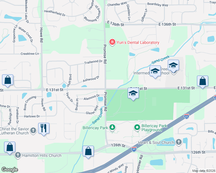 map of restaurants, bars, coffee shops, grocery stores, and more near 13110 Promise Road in Fishers
