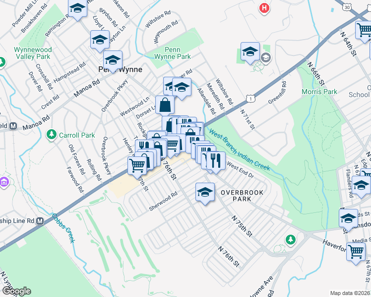 map of restaurants, bars, coffee shops, grocery stores, and more near 7543 Haverford Avenue in Philadelphia