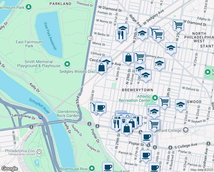 map of restaurants, bars, coffee shops, grocery stores, and more near 3001 West Jefferson Street in Philadelphia