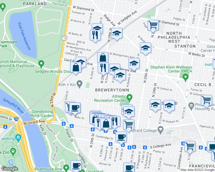 map of restaurants, bars, coffee shops, grocery stores, and more near 1526 North Newkirk Street in Philadelphia