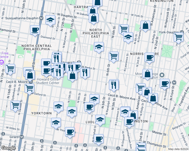 map of restaurants, bars, coffee shops, grocery stores, and more near 1809 North Franklin Street in Philadelphia