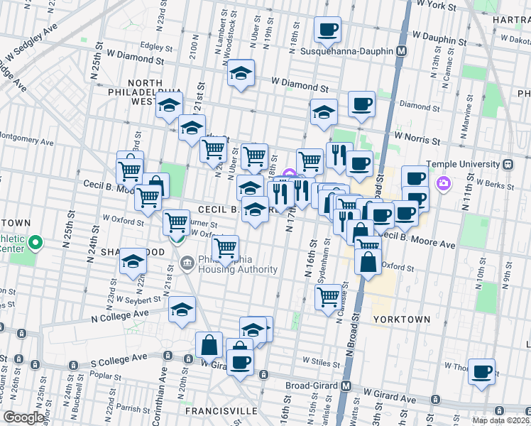 map of restaurants, bars, coffee shops, grocery stores, and more near Cecil B. Moore Ave & N 18th St in Philadelphia