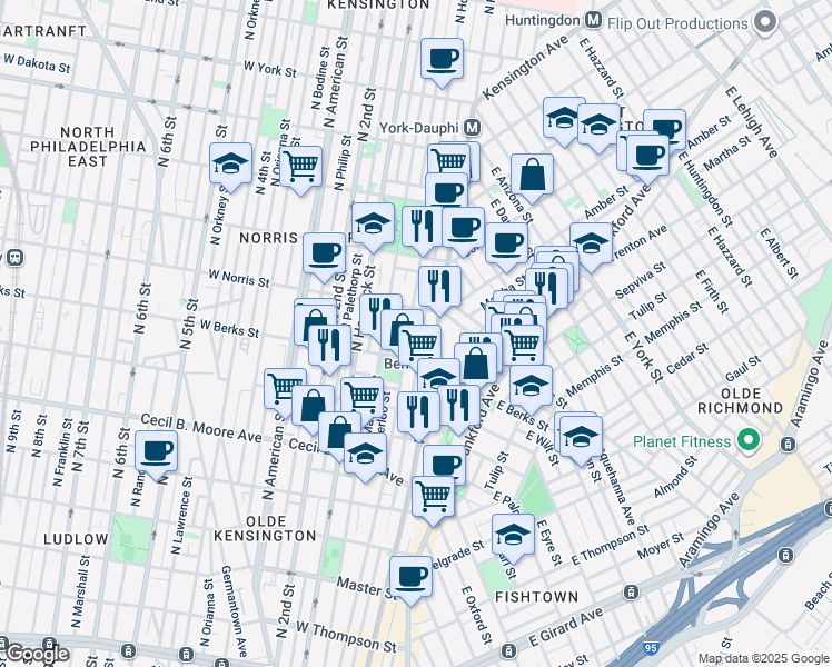 map of restaurants, bars, coffee shops, grocery stores, and more near 1931 North Howard Street in Philadelphia
