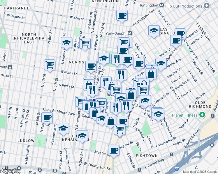 map of restaurants, bars, coffee shops, grocery stores, and more near 1930 Waterloo Street in Philadelphia