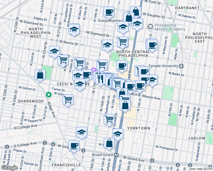 map of restaurants, bars, coffee shops, grocery stores, and more near 1703 North 16th Street in Philadelphia