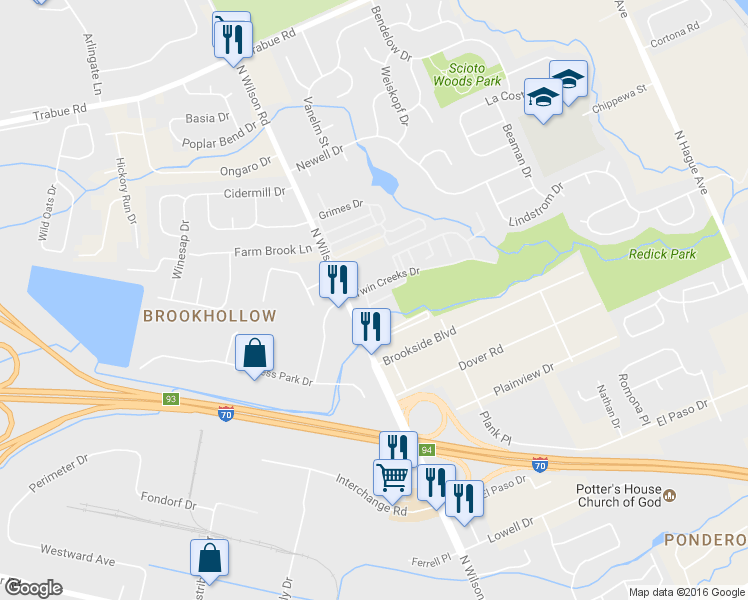 map of restaurants, bars, coffee shops, grocery stores, and more near 3670 Dragonfly Drive in Columbus