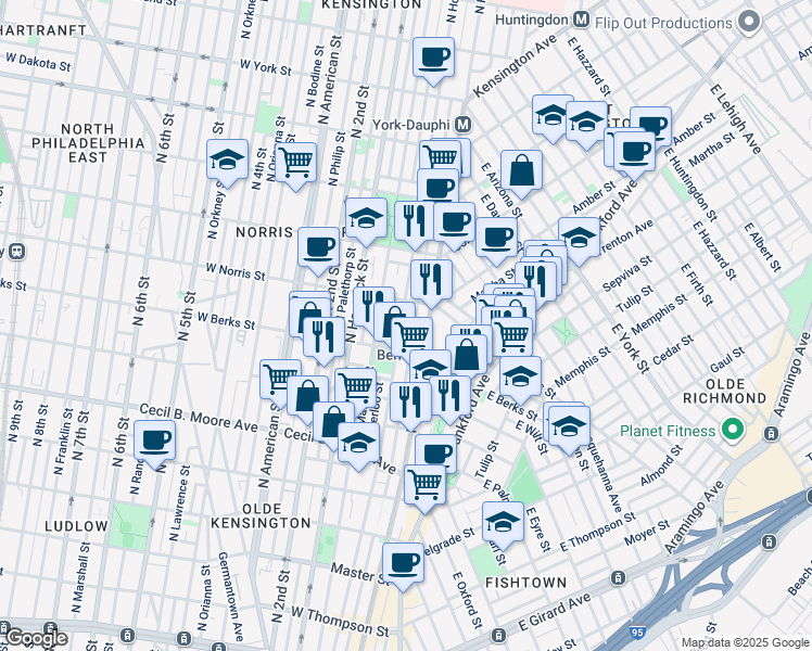 map of restaurants, bars, coffee shops, grocery stores, and more near 1931 North Howard Street in Philadelphia