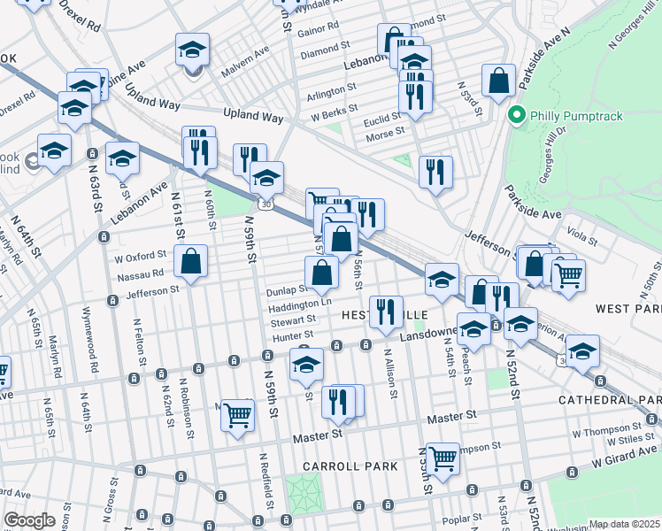 map of restaurants, bars, coffee shops, grocery stores, and more near 1755 North 57th Street in Philadelphia