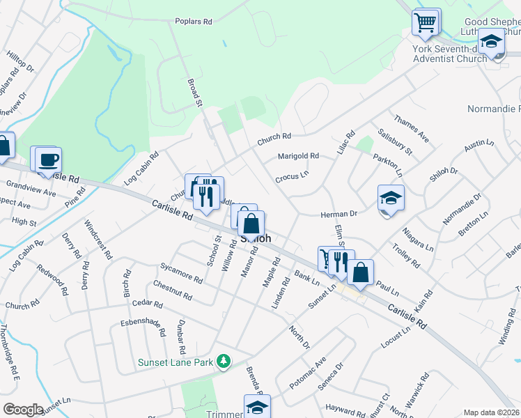 map of restaurants, bars, coffee shops, grocery stores, and more near 2215 Middle Street in Shiloh