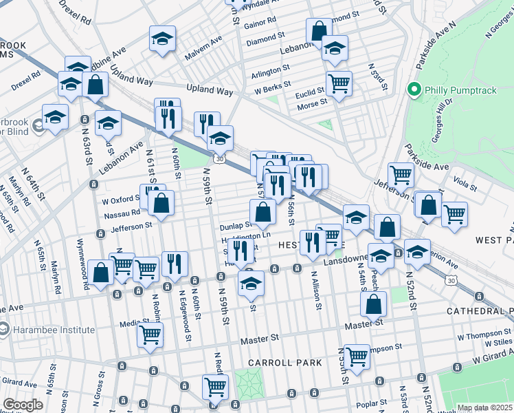 map of restaurants, bars, coffee shops, grocery stores, and more near 5731 West Jefferson Street in Philadelphia
