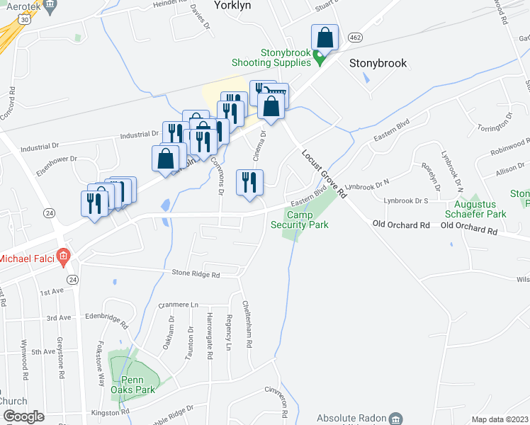 map of restaurants, bars, coffee shops, grocery stores, and more near 3596 Mark Drive in York