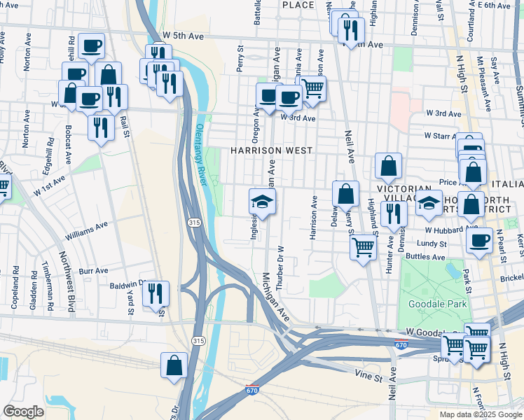 map of restaurants, bars, coffee shops, grocery stores, and more near 909 Michigan Avenue in Columbus