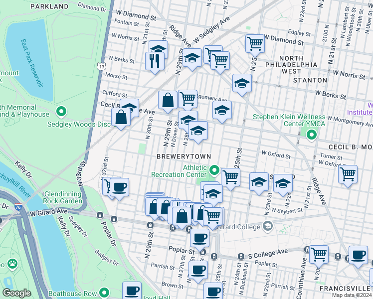 map of restaurants, bars, coffee shops, grocery stores, and more near 1541 North Marston Street in Philadelphia