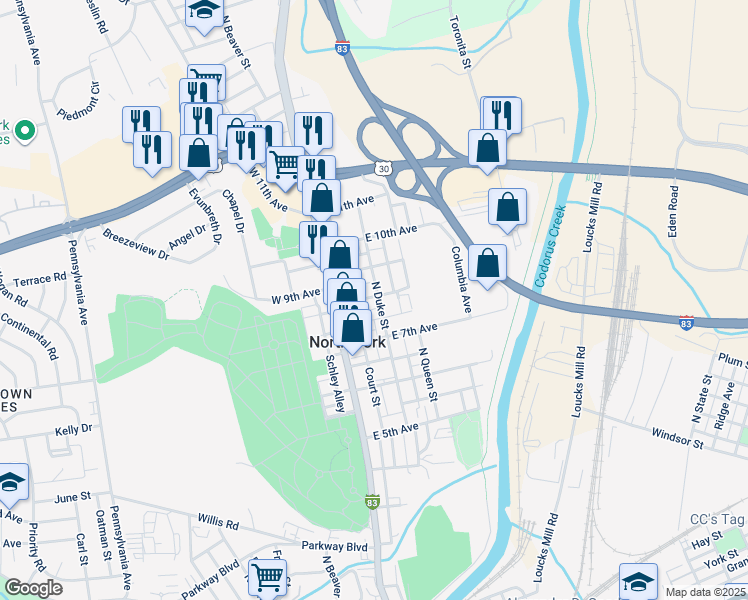 map of restaurants, bars, coffee shops, grocery stores, and more near 54 East 8th Avenue in York