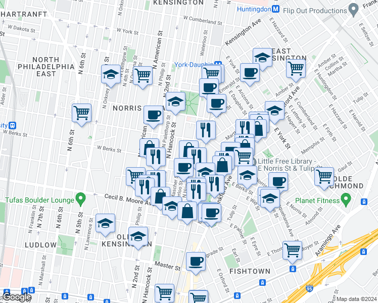 map of restaurants, bars, coffee shops, grocery stores, and more near 1930 North Howard Street in Philadelphia