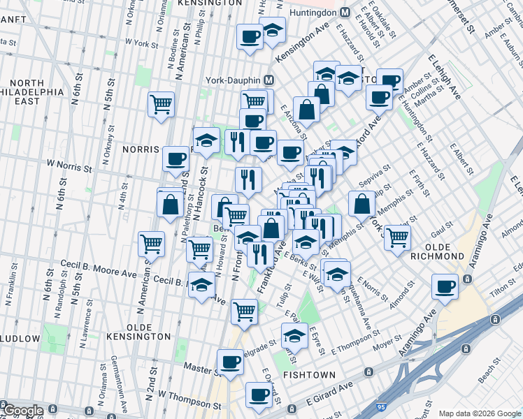 map of restaurants, bars, coffee shops, grocery stores, and more near 2137 East Norris Street in Philadelphia
