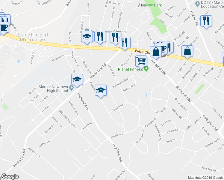 map of restaurants, bars, coffee shops, grocery stores, and more near 107 Woodlawn Avenue in Broomall