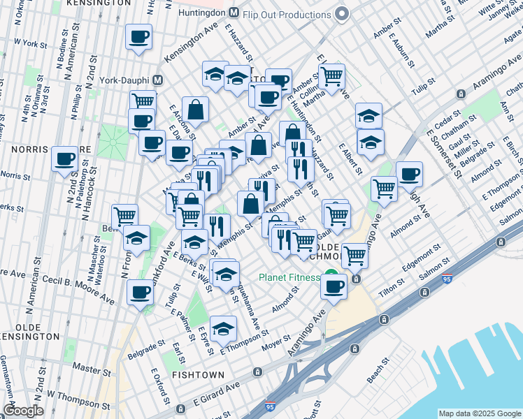 map of restaurants, bars, coffee shops, grocery stores, and more near 2317 East York Street in Philadelphia
