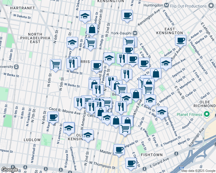 map of restaurants, bars, coffee shops, grocery stores, and more near 1910 Mutter Street in Philadelphia