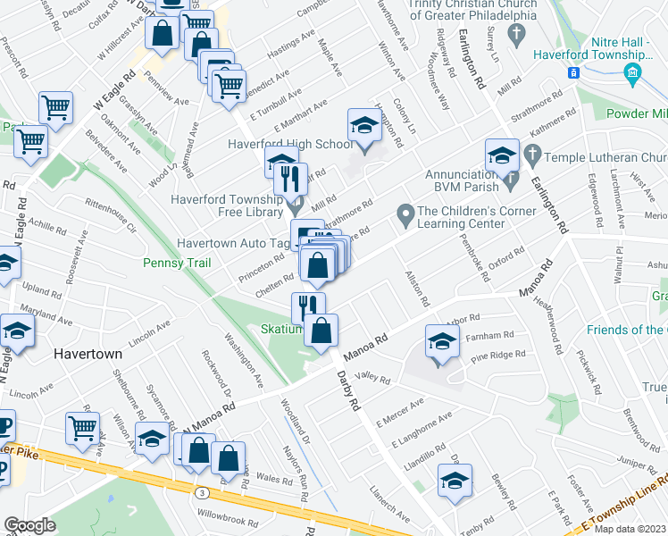 map of restaurants, bars, coffee shops, grocery stores, and more near 42 Brookline Boulevard in Havertown
