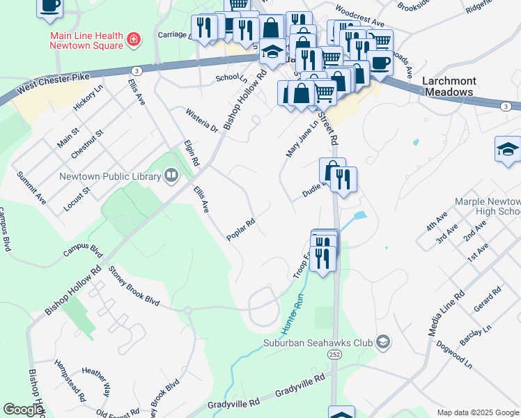 map of restaurants, bars, coffee shops, grocery stores, and more near 145 Poplar Road in Newtown Square