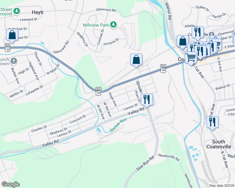map of restaurants, bars, coffee shops, grocery stores, and more near 379 Charles Street in Coatesville