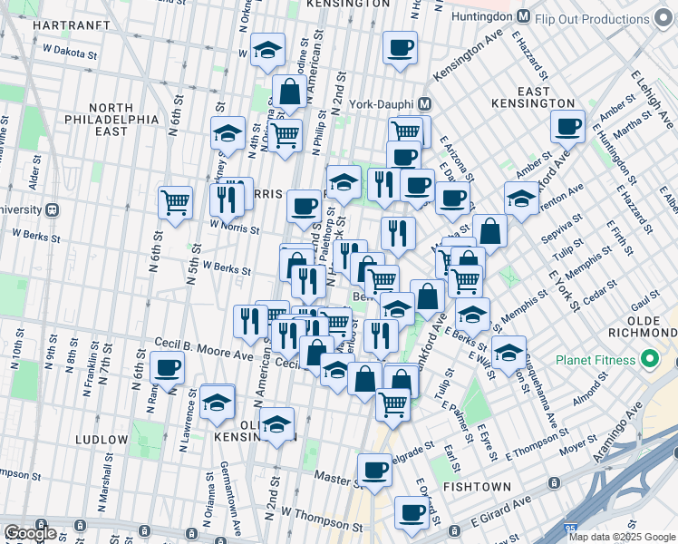 map of restaurants, bars, coffee shops, grocery stores, and more near 1910 Mutter Street in Philadelphia