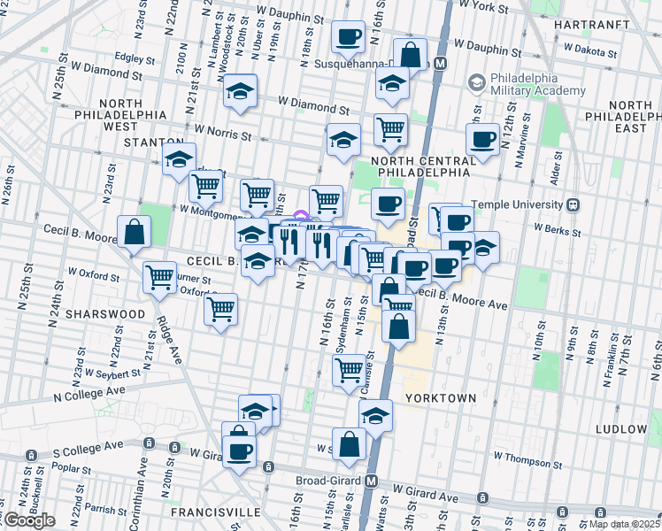 map of restaurants, bars, coffee shops, grocery stores, and more near 1700 North 16th Street in Philadelphia