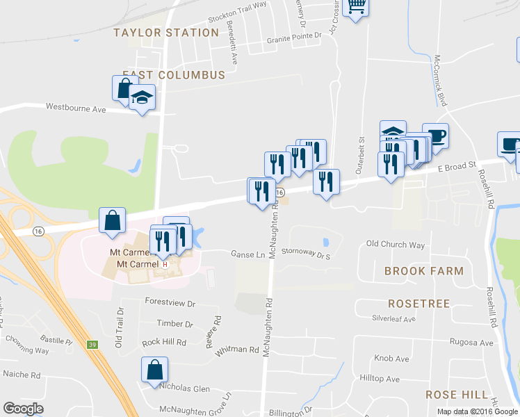 map of restaurants, bars, coffee shops, grocery stores, and more near 6103 East Broad Street in Columbus