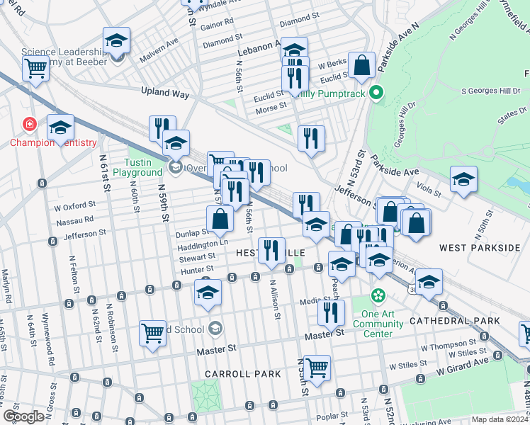 map of restaurants, bars, coffee shops, grocery stores, and more near 5524 West Oxford Street in Philadelphia