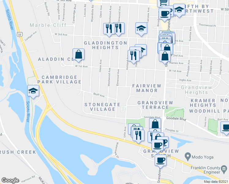 map of restaurants, bars, coffee shops, grocery stores, and more near 1115 Elmwood Avenue in Columbus