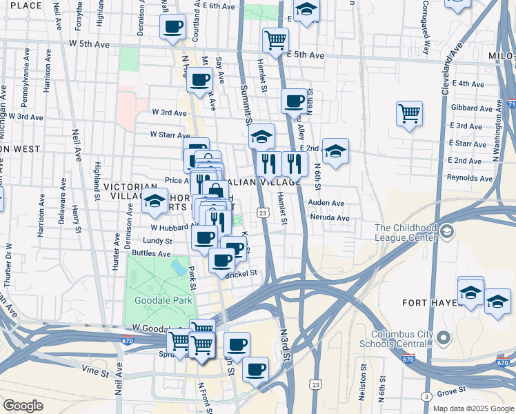 map of restaurants, bars, coffee shops, grocery stores, and more near 821 Summit Street in Columbus