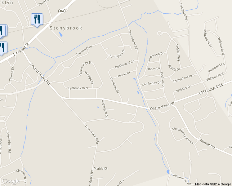 map of restaurants, bars, coffee shops, grocery stores, and more near 41 Davidson Drive in York