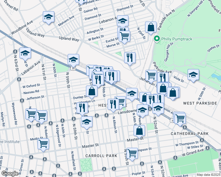 map of restaurants, bars, coffee shops, grocery stores, and more near 5526 West Oxford Street in Philadelphia