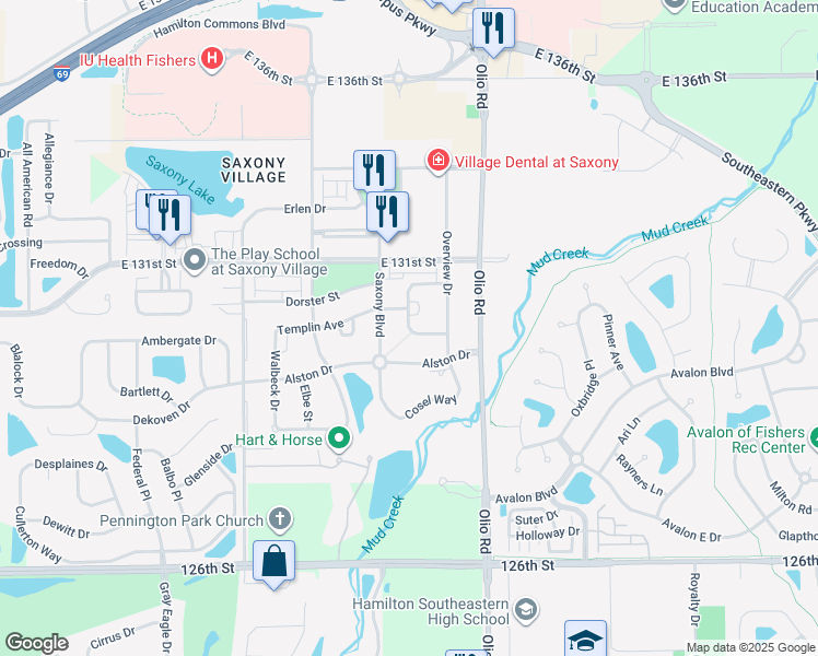 map of restaurants, bars, coffee shops, grocery stores, and more near 13612 Whitten Drive South in Fishers