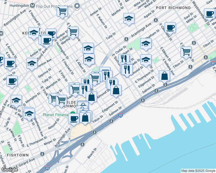 map of restaurants, bars, coffee shops, grocery stores, and more near 2548 East Lehigh Avenue in Philadelphia
