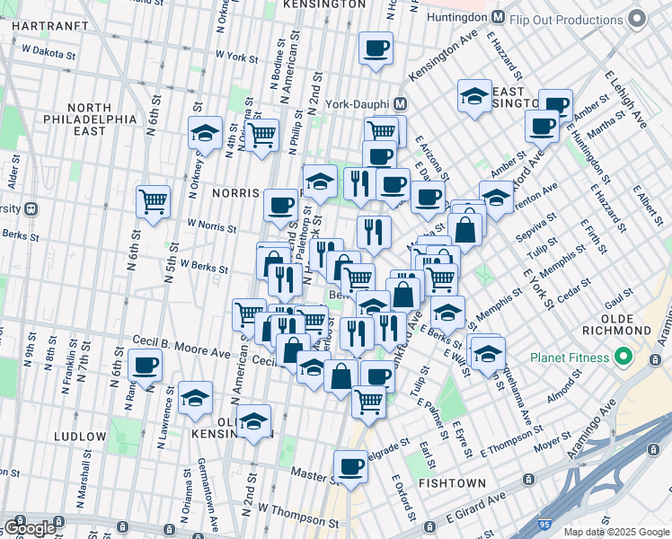 map of restaurants, bars, coffee shops, grocery stores, and more near 1932 Waterloo Street in Philadelphia