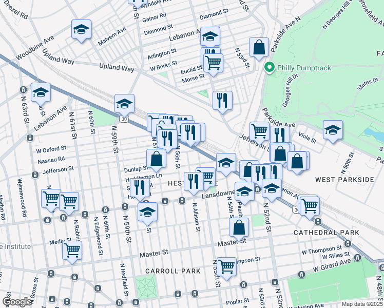 map of restaurants, bars, coffee shops, grocery stores, and more near 5516 West Oxford Street in Philadelphia