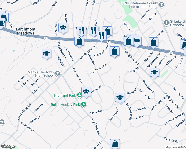 map of restaurants, bars, coffee shops, grocery stores, and more near 105 Woodlawn Avenue in Broomall