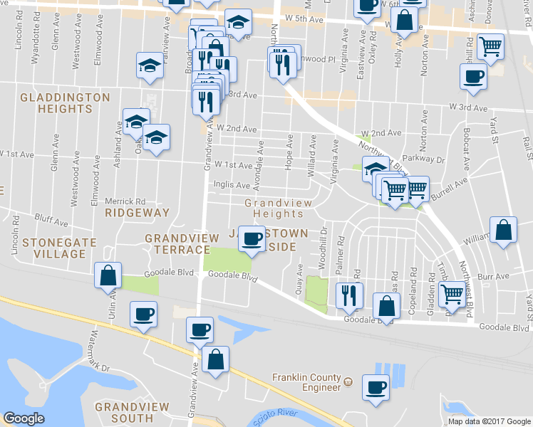 map of restaurants, bars, coffee shops, grocery stores, and more near 1371 Mulford Road in Columbus