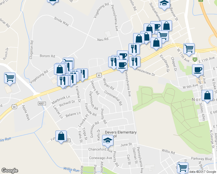 map of restaurants, bars, coffee shops, grocery stores, and more near 1428 Wogan Road in York