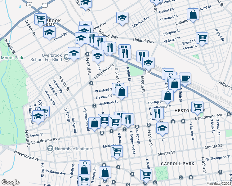 map of restaurants, bars, coffee shops, grocery stores, and more near 6109 Nassau Road in Philadelphia
