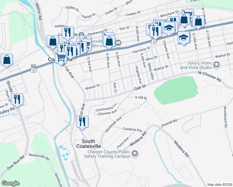 map of restaurants, bars, coffee shops, grocery stores, and more near 419 Oak Street in Coatesville