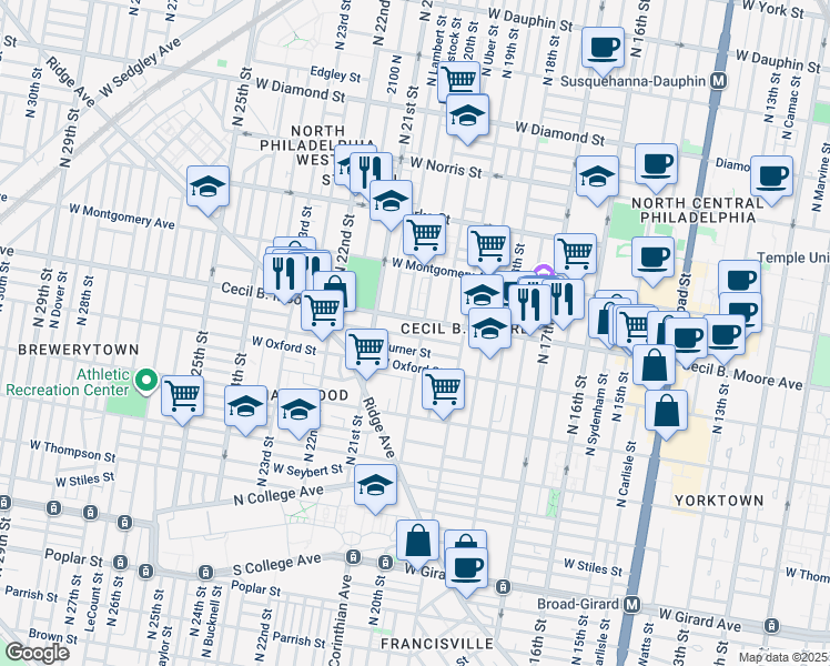 map of restaurants, bars, coffee shops, grocery stores, and more near 2001 Nicholas Street in Philadelphia