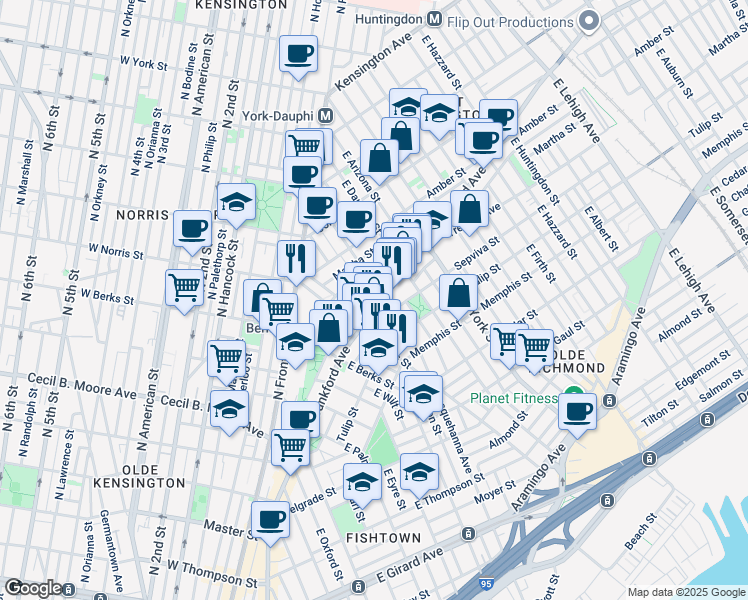 map of restaurants, bars, coffee shops, grocery stores, and more near 2041 Blair Street in Philadelphia