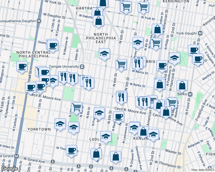 map of restaurants, bars, coffee shops, grocery stores, and more near 1832 North Marshall Street in Philadelphia