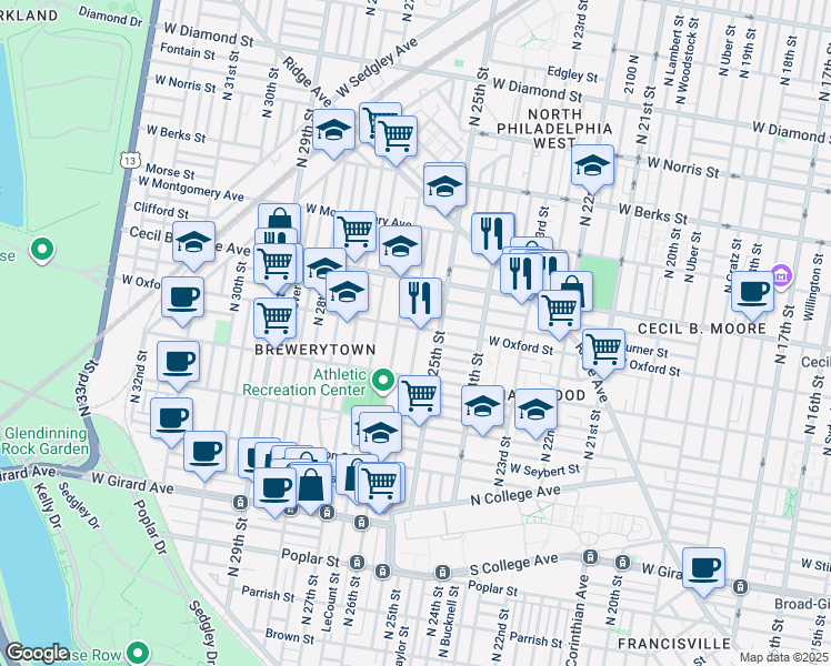 map of restaurants, bars, coffee shops, grocery stores, and more near 2522 West Oxford Street in Philadelphia