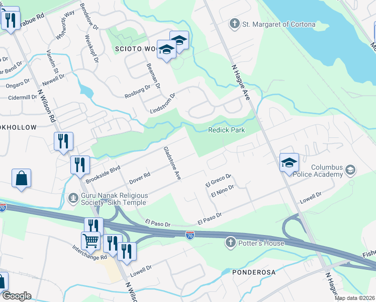map of restaurants, bars, coffee shops, grocery stores, and more near 3254 Dover Rd in Columbus